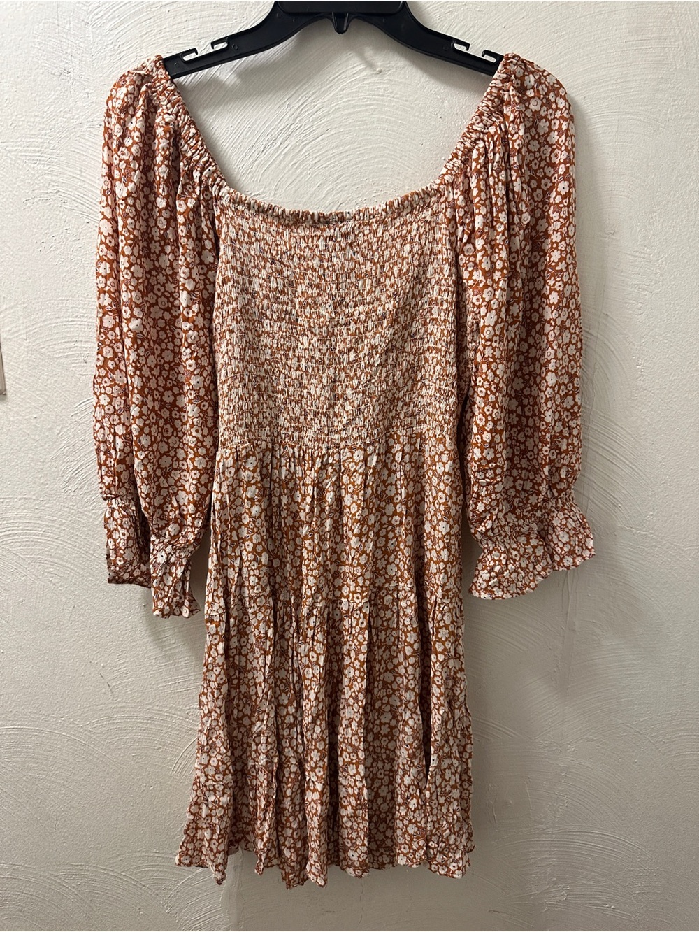 NWT Angie Womens Burnt Orange Floral Smocked Boho Mini Dress Small - Picture 6 of 8